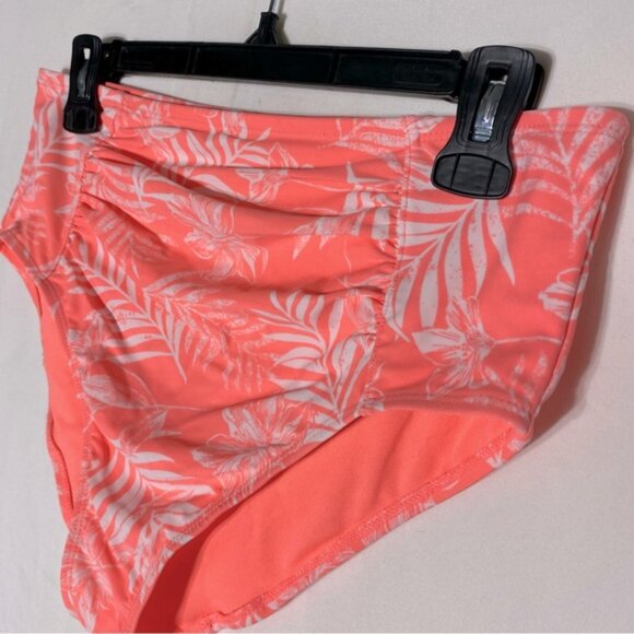 5/$25 Women’s Neon Coral White Tropical Print High Waist Bikini Bottoms L - Picture 7 of 9